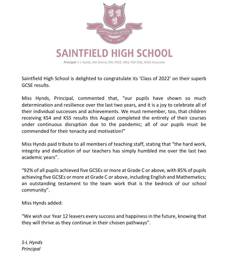 GCSE RESULTS DAY Saintfield High School